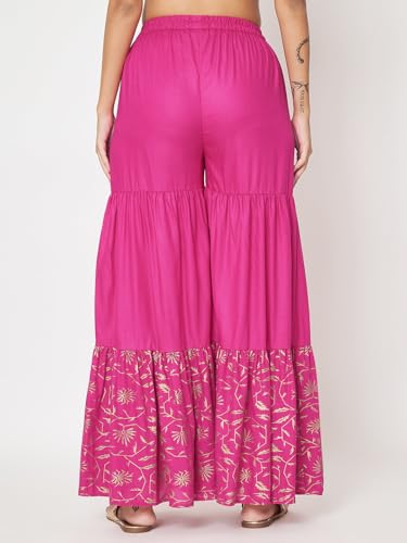 studio rasa Women's Viscose Block Printed Tiered Sharara for Festive Casual Party (BTWC52401XL_Pink_X-Large)