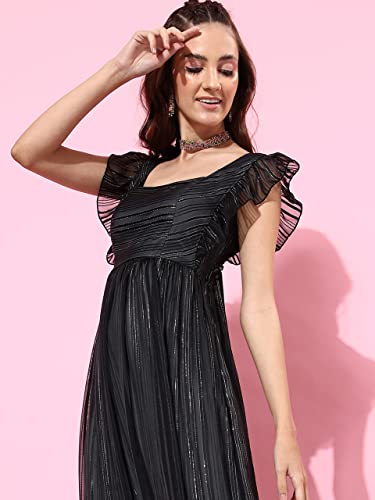 Miss Chase Women's Black Square Neck Layered Ruffles Sleeve Floral Patterned Tiered Georgette Maxi Dress (MCAW22D16-27-62-02, Black, XS)