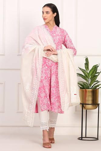 W for Woman Printed Lace Embellished Woven Ecru Dupatta