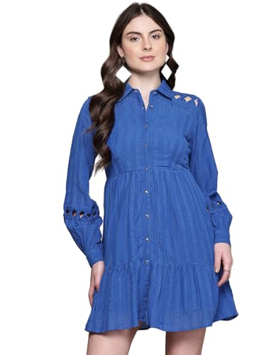 Label RITU KUMAR Blue Emery Shirt Collar Neck Short Dress
