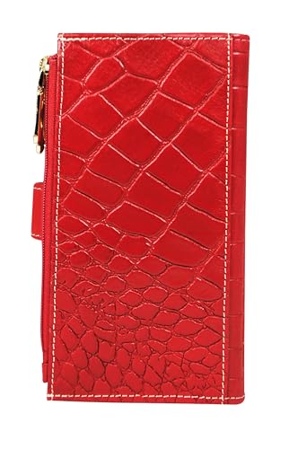 Calfnero Women’s Genuine Leather Croco Embossed Wallet | Long Clutch Wallet with Multiple Card Slots, ID Window & Dual Zip Compartments