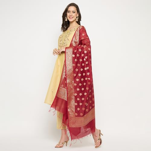 Rangavali Beige Gold Embroidered Festive Anarkali Suit Set | Chanderi Readymade Outfit Kurti, Pant & Banarasi Dupatta for Women | Kurti Set for Ladies | 3 Pcs, M, 34