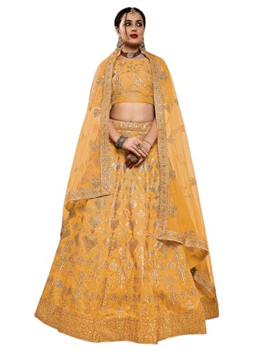Zeel Clothing Women's Silk Semi-Stitched Thread Sequins Embroidery Bridal New Lehenga Choli with Dupatta (7055-Yellow-Wedding-Bridal-Stylish-Latest; Free Size)
