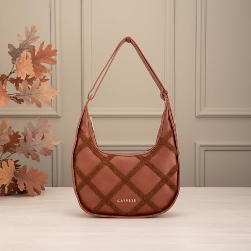 Caprese Athena Medium Hobo Bag for Women | Stylish Shoulder Bag with Plush Chenille Embroidery with Secure Zip Closure | Multi-Compartment Designer Handbag for Work & Travel (Tan)