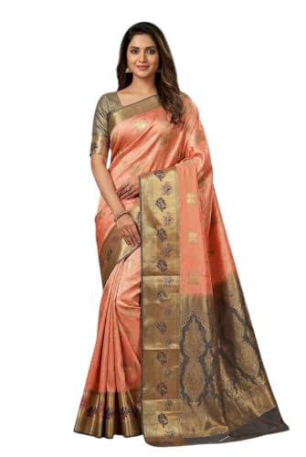VFCollections Women's Traditional Handloom Kanchipuram Silk Pure Pattu Sarees – Butterfly Butta & Flowers Border | Rich Zari Woven Design | Bridal Saree | Unstitched Blouse (VFC696-1)