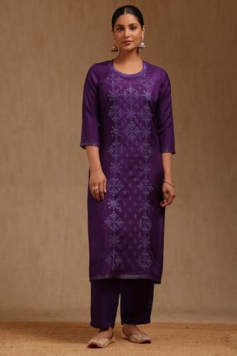 Soch Womens Purple Dola Silk Embroidered Suit Set With Thread Work
