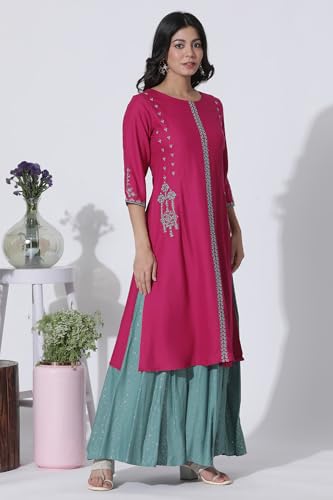 W for Woman Dark Pink A-line Embroidered Kurta, Culottes and Dupatta Set_24ONWS17951-217797_2XL