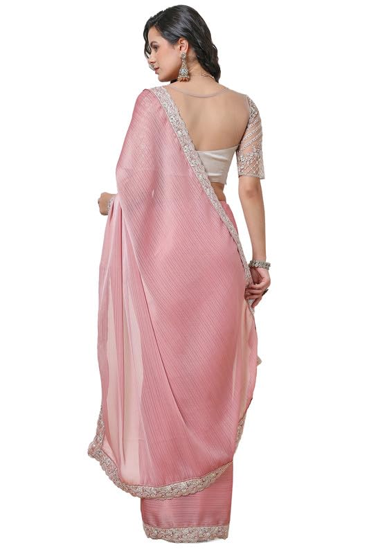 Soch Womens Blush Pink Chiffon Striped Saree with Zardosi Border