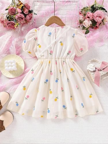 TAGAS Girls Swiss Dot Floral Print Dress Sleeve Less Round Neck Elastic Waist Dress for Girls(KD-399) (3-4 Years, of White)