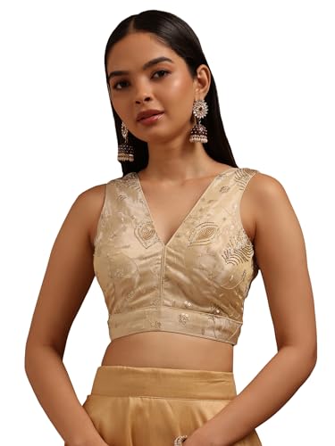 Soch Womens Light Gold Tissue Embroidered Padded Blouse with Sequins