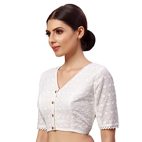 Studio Shringaar Women's Readymade Natural Cotton Elbow Length Sleeves Chikankari Saree Blouse (White, 50)