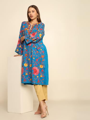 CRAFTBAZAR Women Kashmiri Full Regular Embroidered Woolen Relaxed Fit Kurti (FEROZI)