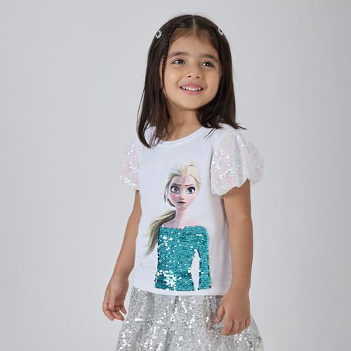 Hopscotch Girls Elsa Reversible Sequined Cotton T-Shirt in White Color for Age (12-24 Months)