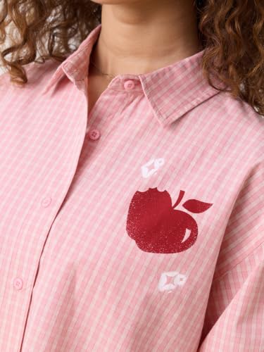 The Souled Store Disney: Enchanted Women Full Length Spread Collar Light Pink Checked Graphic Printed Cotton Oversized Back Graphic Print Lightweight Everyday Shirt for Casual Wear