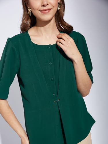 Latin Quarters Women Green Round Neck Half Sleeve Solid Tunic Blouse_S