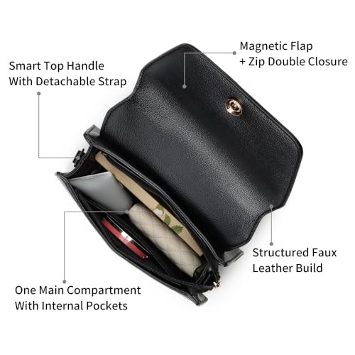 Fastrack Black EdgePlay Satchel | Faux-Leather Women's Handbags | Structured Satchel with Flap + Zipper Closure, Detachable Strap & Top Handle | Gold Hardware | Everyday Carry