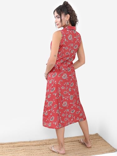 Vishudh Women Sleeveless Collared Neck Dress VNa1002381 Red M
