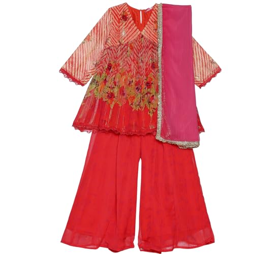 Biba Girl's Orange-Coral Polyester Blend Gathered Suit Set