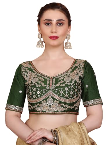 S SALWAR STUDIO Mehendi Green Silk Embroidered Readymade Alterable Saree Blouse