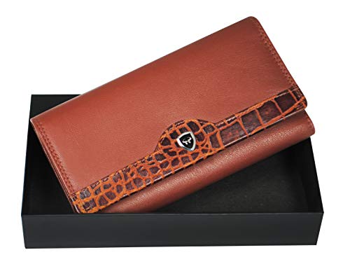 Calfnero Women's Genuine Leather wallet-Long Purse Wallet with Multiple Card Slots, Zip Pocket and Note Compartment (Cognac)