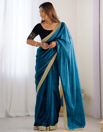 SIRIL Women's Net Embroidered Saree With Unstitched Blouse Piece(3997S133-Blue)