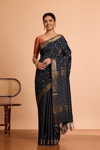 Taneira Women Black Bengal Pure Silk Aari Embroidered Saree with Unstitched Blouse Piece (SAIH01AC2215-Black)