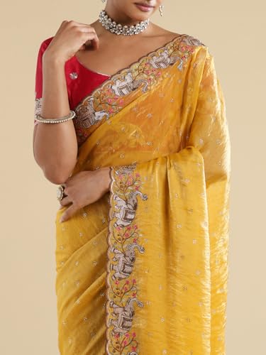 AKHILAM Women's Yellow Satin Elephant Embroidered Saree With Unstitched Blouse Piece (ANIKA2701_AG)