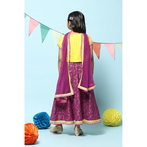 BIBA Girl Solid Cotton Blend Readymade Lehenga Choli Set(Kw5379_Yellow Purple_9)