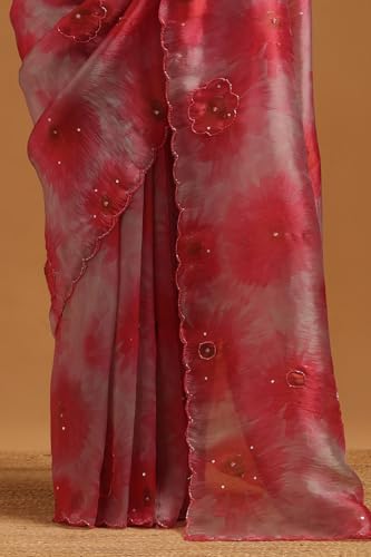 Soch Womens Blush Pink Fendy Organza Floral Saree With Beaded