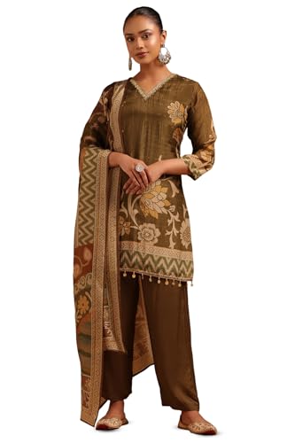 Soch Womens Olive Crepe Botanical Salwar Suit With Beads
