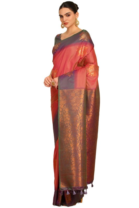 Soch Womens Pink Floral Zari Woven Design Silk Blend Saree With Tassels