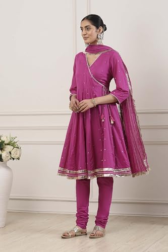 Biba Women Maroon Cotton Kalidar Suit Set_36