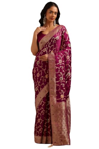Soch Womens Wine Satin Botanical Zari Woven Saree