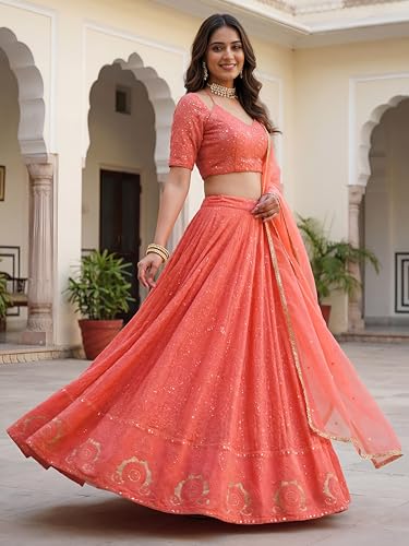 Zeel Clothing Women's Sequins Thread Embroidered Georgette Lehenga Choli With Dupatta (7083-Peach-Women-New-Lehenga-Choli; Free size) (Peach)