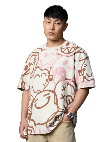 The Souled Store Smiley: All The Feels Men and Boys Short Sleeves Round Neck Off White All Over Printed Casual Lightweight Drop Shoulder Streetwear Trendy Cotton Oversized T-Shirt