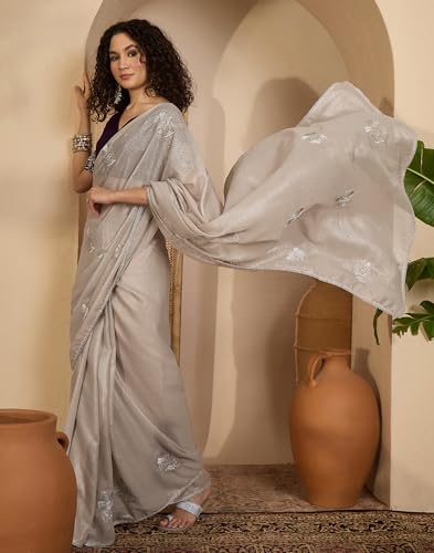 SIRIL Women's Embroidery, Lace Saree With Unstitched Blouse Piece(4961S702_Beige)