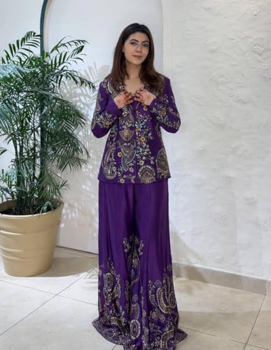 MARUTI FASHION HOUSE Plazzo Set Indo-Western Draped Set For Womens And Girls Ready To Wear Party Koti With Sharara Hevay Apple Chinon Silk Fabric With Work Multi Thread Embroidery Work (Nevy Blue)