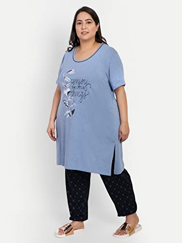 CUPID Woman Printed Plus Size Cotton Night Dress, Loungewear, Nightwear, Night Suit, Daily Use Top n Pyjama Set with Pocket for Ladies_Black/Blue_7XL