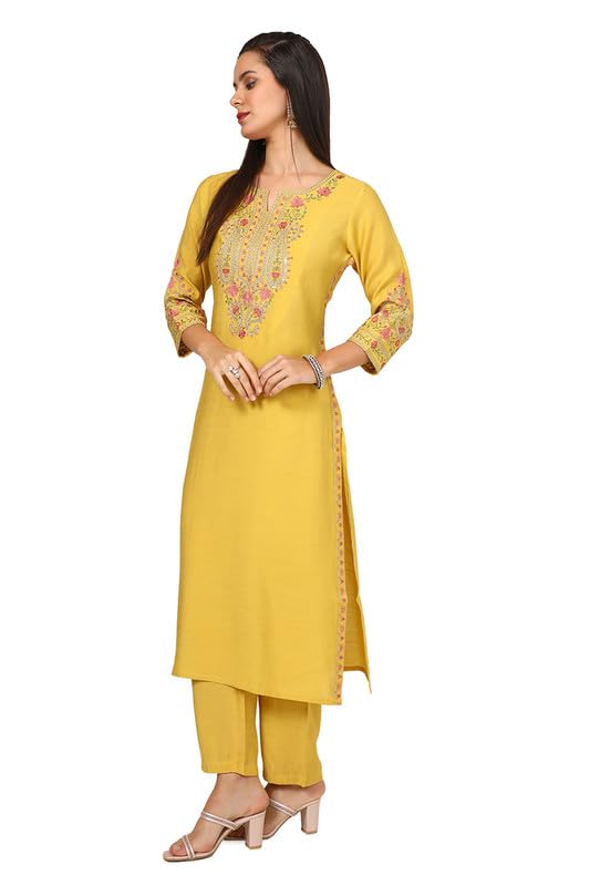 Soch Womens Mustard Viscose Blend Embroidered Kurta Set With Sequins