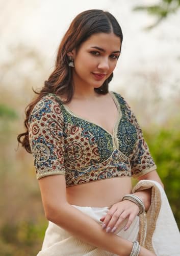 SALWAR STUDIO Beige Ajrakh Pure Cotton Sweetheart Neck Readymade Blouse