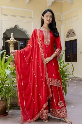 Leeli Peeri Designer Women's Chinon Silk Embroidery Kurta Sharara Set With Dupatta