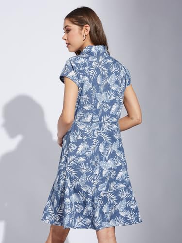 Latin Quarters Women Blue Collar Neck Cap Sleeve Printed A-Line Dress_2XL