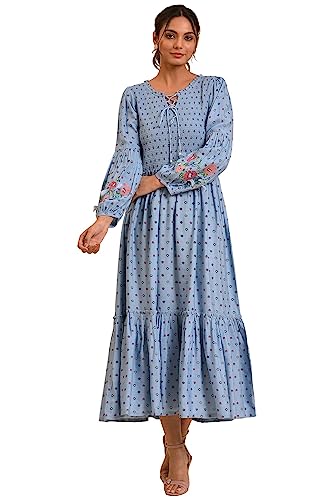 W for Woman Women's Rayon Light Blue Printed Tiered Long Dress Ankle Length 23FEW18840-810336