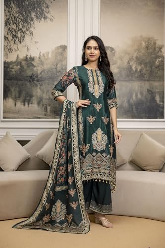 NIVANA Embroidered & Printed Asymmetric Kurta with Palazzo & Printed Dupatta | XXL | Teal | Paisley & Floral Print | 3 Piece Ethnic Set