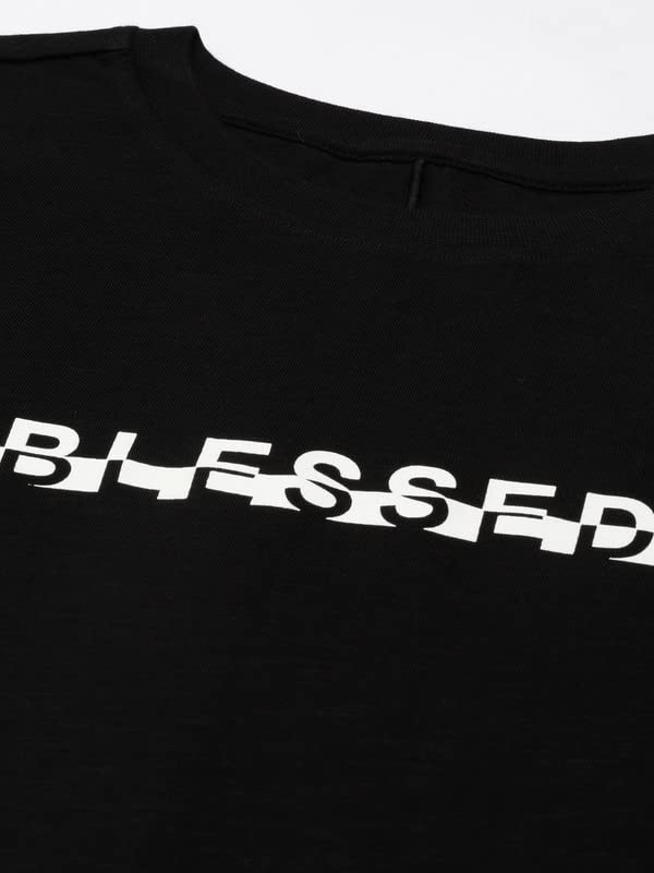 Enamor Essentials Short Sleeve Round Neck Relaxed Fit Cotton Mini Lounge Dress for Womens-E802 (E802_Jet Black/Blessed Graphic_XL)