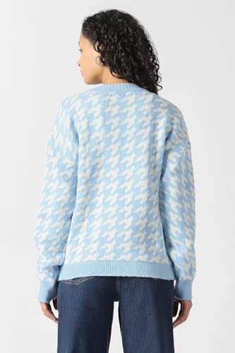Women Light Blue Print Round Neck Sweater
