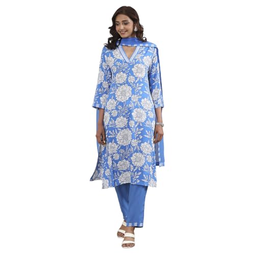 Biba Women Blue Viscose Rayon Straight Suit Set_32