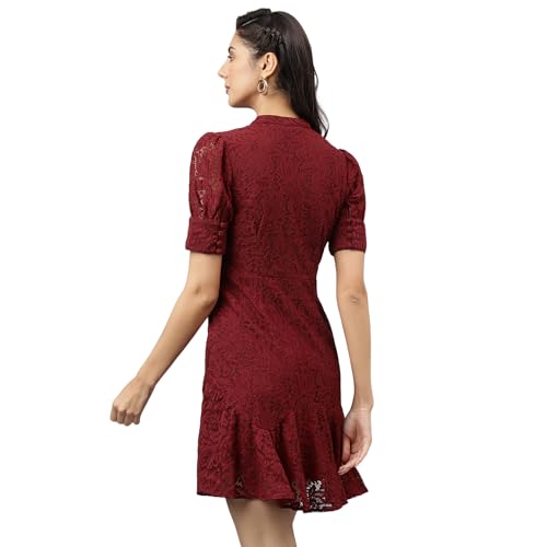 Latin Quarters Women Maroon V-Neck Short Sleeves Fit and Flare Mini Dress for Casual_L