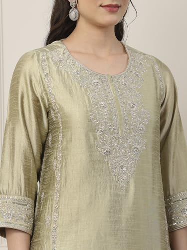 BIBA Women Green Poly Viscose Straight Suit Set_34