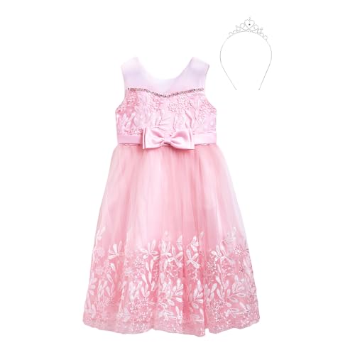 Hopscotch Girls Floral Embroidered Sleeveless Gown with Crown Headband in Pink Color for Age (10-12 Years)